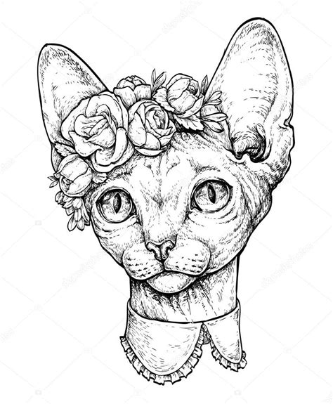 Retrato Dibujado A Mano De Un Lindo Gato Esfinge Con Una Corona En La