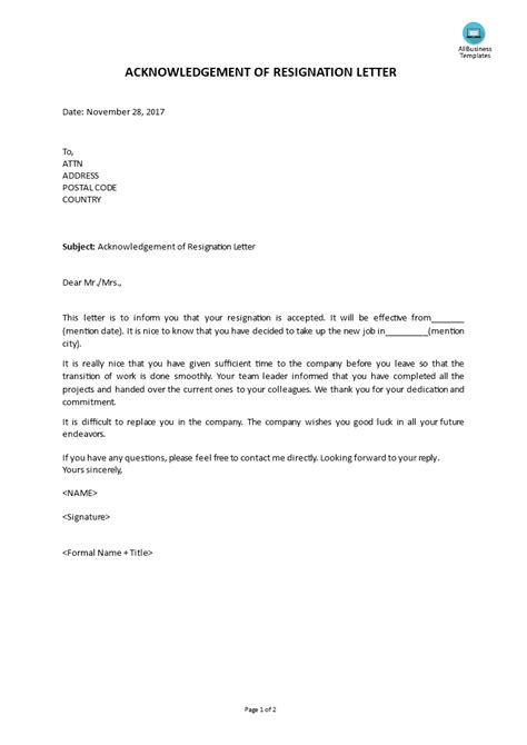 Acknowledgement Of Resignation Letter Template Sample Resignation Letter