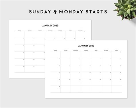 2022 Monthly Calendar Printable Template Landscape Sunday Etsy