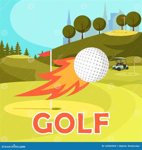 Fiery Golf Ball Fly Near Hole Marked With Red Flag Stock Illustration