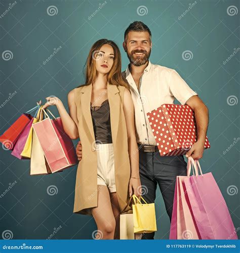 Couple In Love Shopping And Sale Happy Couple In Love Hold Shopping
