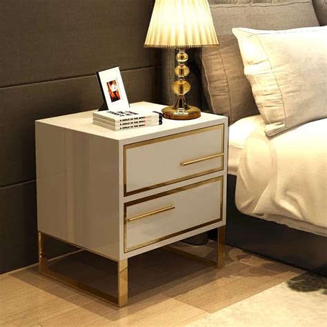 Modern White Nightstand Lacquered 2 Drawer Bedside Table Gold Finish