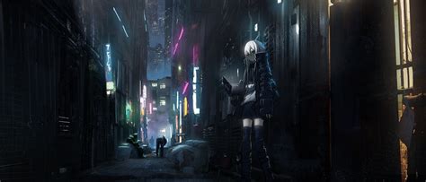 Download 1024x600 Anime Dark City Skyscrapers Back Streets Girl