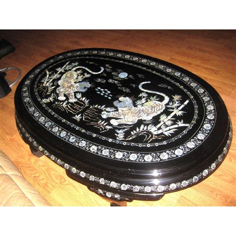 Oriental Mother Of Pearl Iridescent Inlay Shell Applique Coffee Table