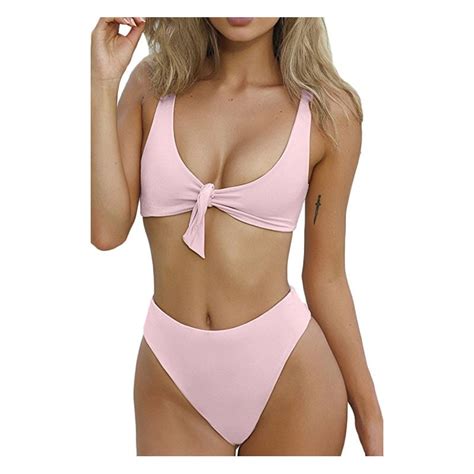 2019 Womens Tie Knot Front High Waist Thong Bandage 2pcs Bikini Sets Beachwear Sexy Push Up