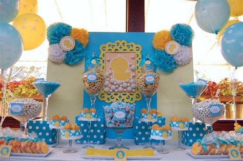 You can have prints of ducks on the tablecloth, napkins and even on the balloons. Duck themed baby shower | Lisa's Candy Buffet | Pinterest ...