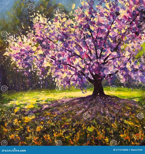 Spring Oil Painting Flowering Cherry Sakura Tree On Sunny Meadow In
