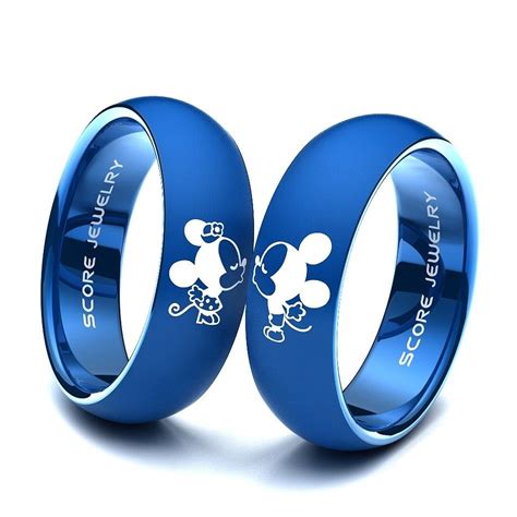 Couple Set Blue Tungsten Band With Domed Edge Mickey And Minnie Mouse Pattern Wedding Ring Blue