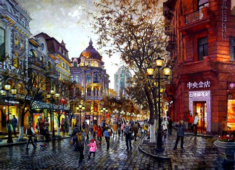 Zhongyang dajie (central avenue) or zhongyang street / 中央大街 is a cobblestone lined pedestrian only street serving as a remnant of harbin's bustling. 中央大街_奥西波夫·叶甫盖尼·瓦列里耶维奇_品美油画艺术沙龙_画廊主页_雅昌艺术网