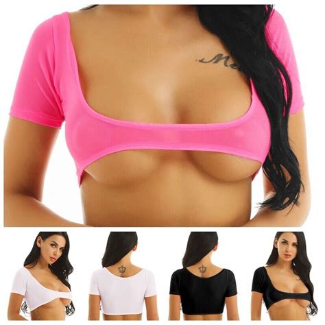 Womens Mesh Sheer Crop Top T Shirt Open Bust Bra See Through Undershirt Blouse Ebay