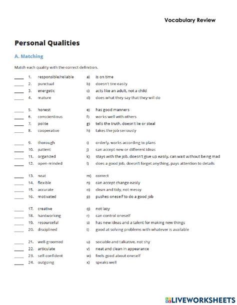 Personal Qualities Vocabulary Review Worksheet Live Worksheets