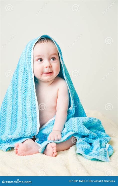 Baby Boy After Bath Wrapped In Blue Towel Sitting Stock Image Image