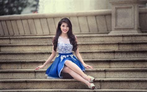 Women Dress Hair Blue Brunette Legs Asian Heels High Heels Skirt