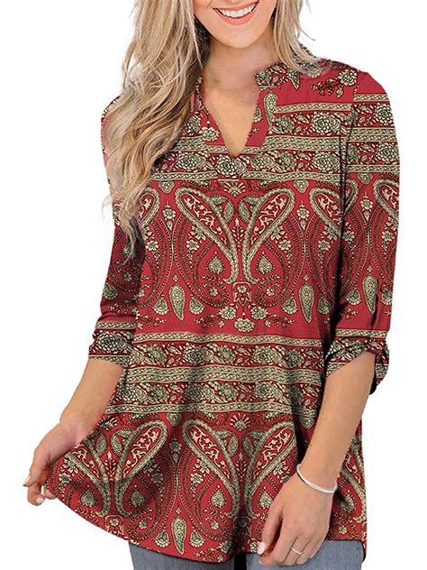 Womens Plus Size Tops 34 Roll Sleeve Floral Tunic Shirt Casual V Neck Flowy Blouses Tops