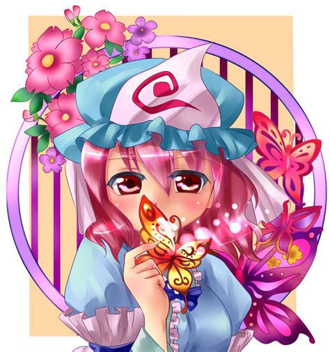 Safebooru Butterfly Flower Hat Nagare Pink Eyes Pink Hair Saigyouji