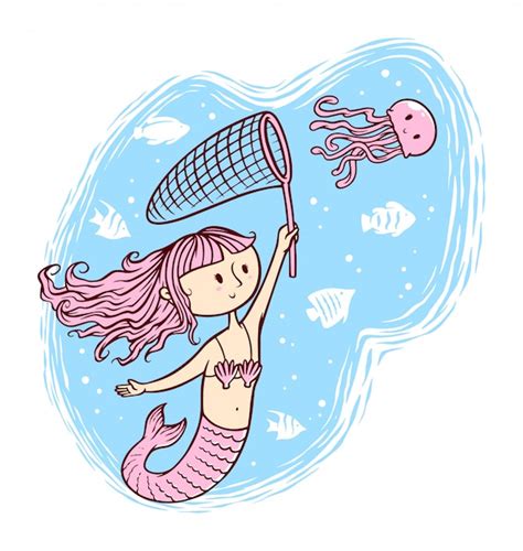 Premium Vector Cute Mermaid And Jellyfish Illustration