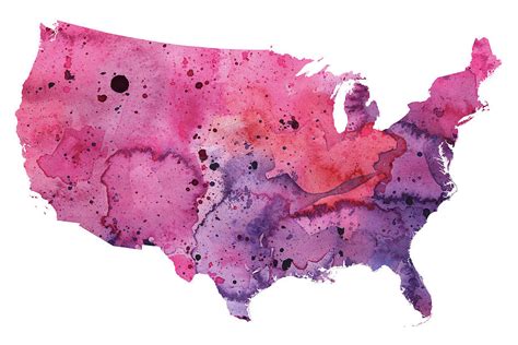 Map Of The United States With Watercolor Texture In Pink And Purple