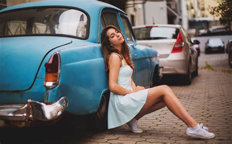 Girl Legs Crouching Depth Of Field Dress Classic Car Wallpaper