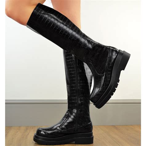 Womens Platform Sole Chunky Stretch Calf Boots Comfy Winter Designer
