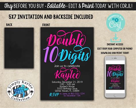 Double Digits Birthday Invitation Girls Th Birthday Party Etsy
