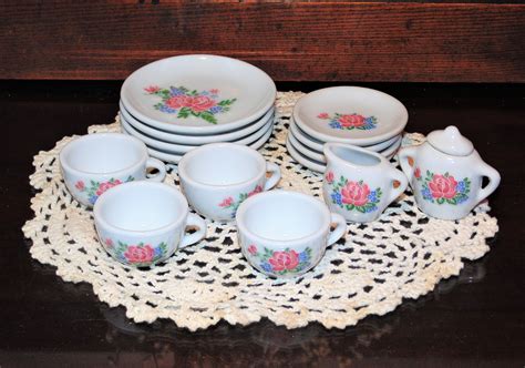 Miniature Porcelain Tea Set Pink Rose Pattern 15 Piece Set Childs
