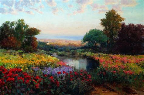 Picture Landscape Oil Art Eric Wallis Meadow Lake Flowers Trees Sky Wallpapers Hd