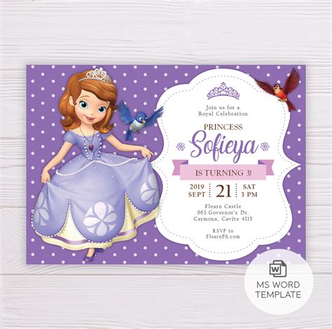 Create your own 1st birthday party invitation to download, print or send online for free. Sofia the First Birthday Invitation Template - Dgtally