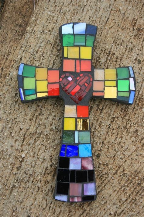 Mosaic Multicolored Cross With Heart In Center Mosaic Crosses Cross