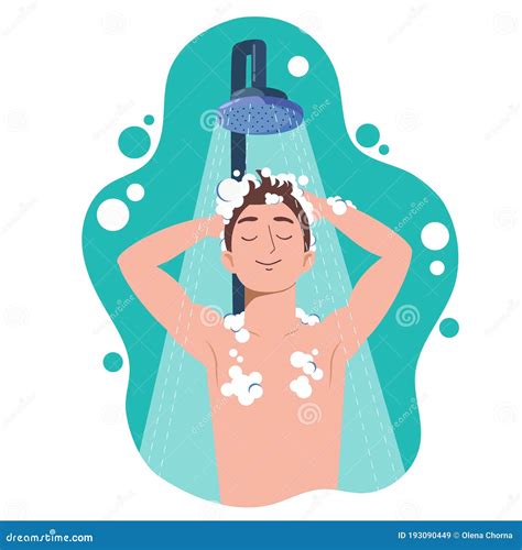 Young Man Taking Shower In Bathroom Washes Head Hair And Body With