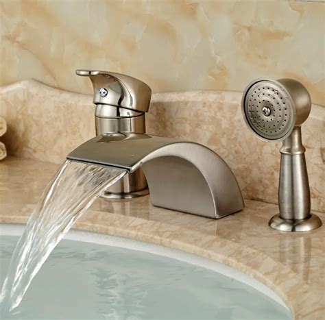 Brushed Nickel Waterfall Roman Bathtub Mixer Faucet Set With Hand Held