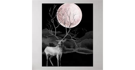 Full Moon Deer And Mountains Poster Zazzle