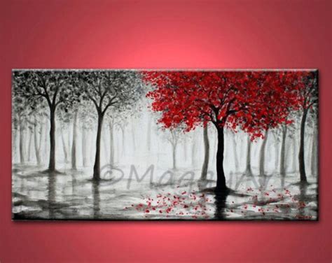 Red Tree Paintingwall Artoffice Home Decormisty Foresttree Etsy