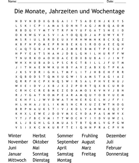 Die Monate Jahrzeiten Und Wochentage Word Search Wordmint