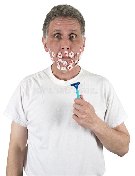 Funny Man Shave Face Full Of Shaving Cuts Isolated Stock Photo Image