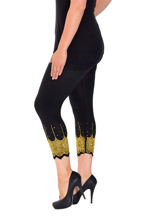 New Ladies Plus Size Leggings Womens Sequin Cropped Scallop Cut Beads