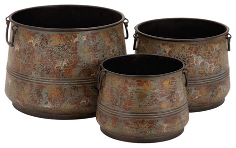 Set Of 3 Galvanized Metal Barrel Planters Rustic Indoor Pots And
