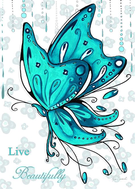 Turquoise Aqua Butterfly And Flowers Inspirational Painting Design
