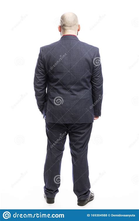 Bald Fat Man In A Suit Full Height Back View Isolated Over White