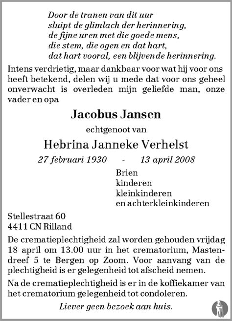 Jacobus Jansen 13 04 2008 Overlijdensbericht En Condoleances