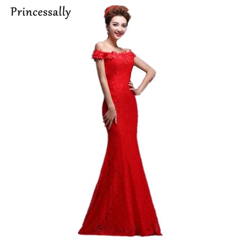 Buy Red Lace Bridesmaid Dress Mermaid Boat Neck Off