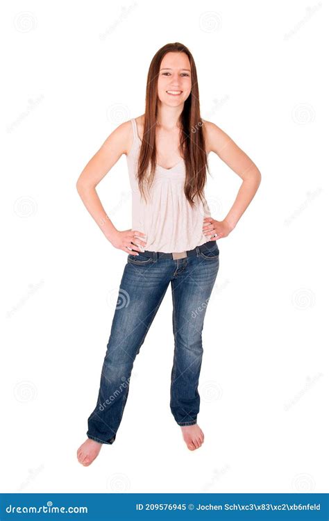 Young Woman Wearing Blue Jeans And White Tank Top Stock Image Image