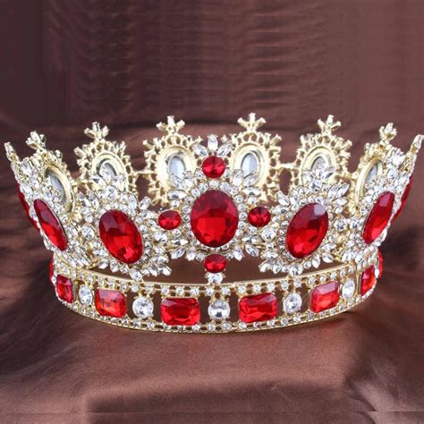 Luxury Red Rhinestone Crystal Golden Big Hair Tiara Crown
