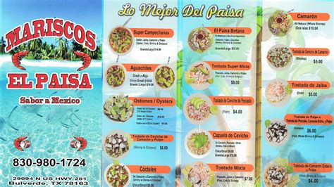 Mariscos El Paisa Menus In Bulverde Texas United States