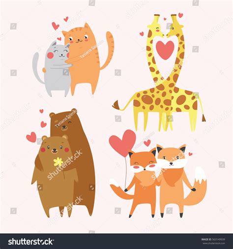 Cute Animals Couples Love Collection Happy Stock Vector Royalty Free