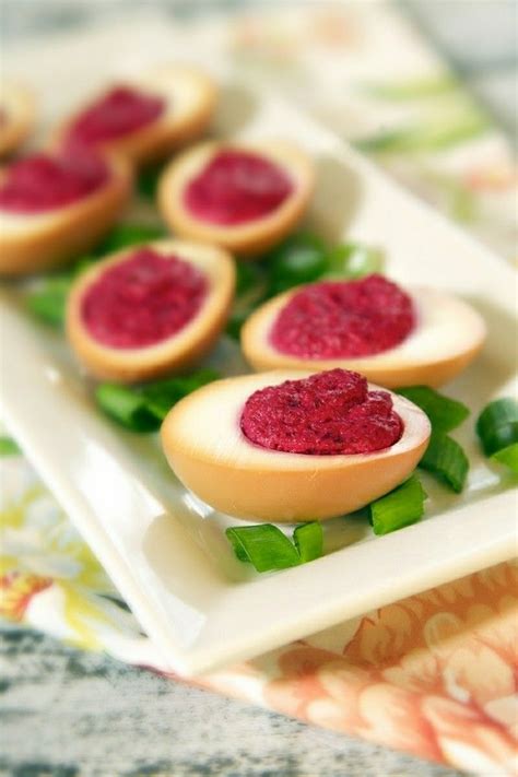 You can make a healthy side dish appetizing to all with the right blend of herbs ans spices. Beet Deviled Eggs (Apron Strings) | Easter brunch food, Alternative meals, Deviled eggs