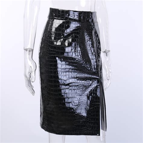 Black Crocodile Pattern Pu Leather High Waist Elegant Bodycon Pencil Skirt