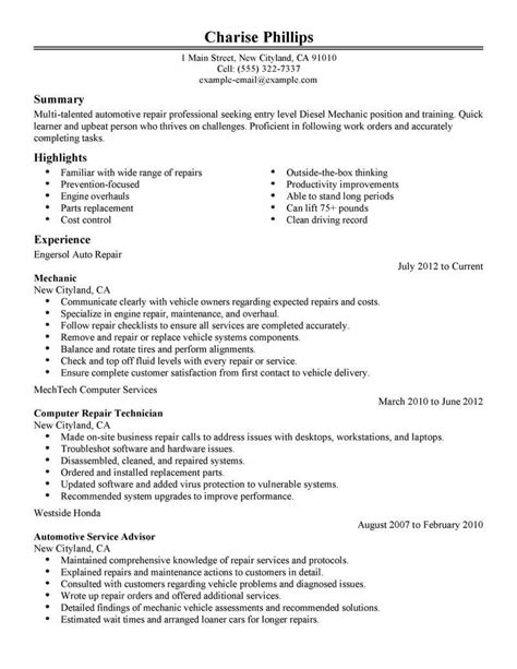 Professional Entry Level Mechanic Resume Examples Livecareer