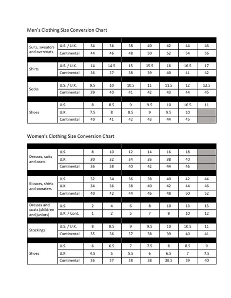 Mens And Womens Clothing Size Conversion Chart Download Printable Pdf