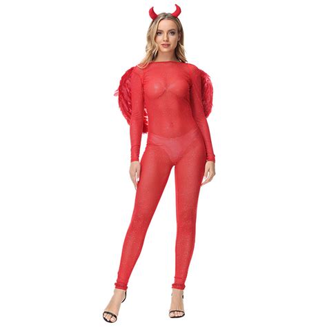Sexy Red Devil Elastic Jumpsuit With Wings And Horns Halloween Demon Masquerade Costume N