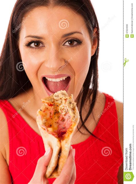 Woman Eating Tasty Piece of Pizza. Unhealthy Fast Food Meal. Stock ...